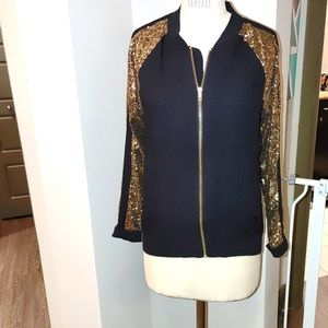 Gold sequin sleeve bomber jacket
